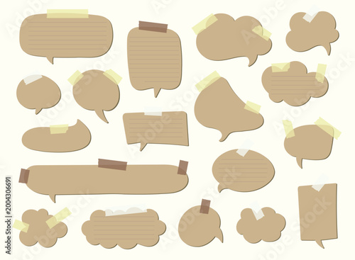 Set of paper speech bubbles with tape, in various shapes and sizes. Hand-drawn style note stickers isolated on light background, ideal for messages, comics, and design. Vector illustration