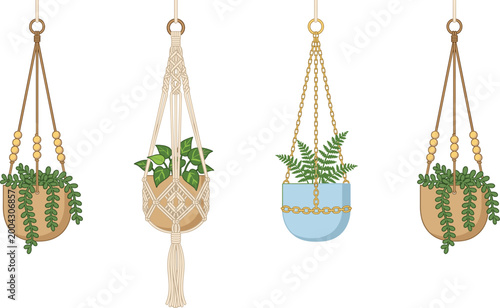 Macrame Hanging Plant Pot Set with Fern, Succulent, and Tropical Plants in Boho Style for Home Decor and Interior Design Projects