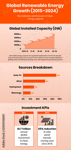 Global Renewable Energy Capacity Growth and Investment Metrics 2015–2024 (Variation A). Fully editable infographics.