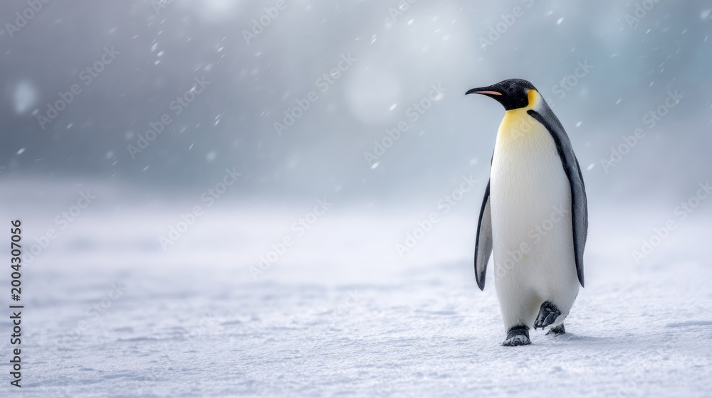 Fototapeta premium Emperor penguin walking on ice in heavy snow. Wild bird in natural habitat during harsh winter storm. Arctic animal exploration and wildlife nature cinematography concept background.