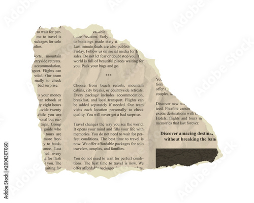 Torn newspaper note vector piece with vintage texture. Jagged torn paper rip edge effect. Ripped article clipping page, news collage scrapbook document. Crumpled scratch sheet template with dummy text
