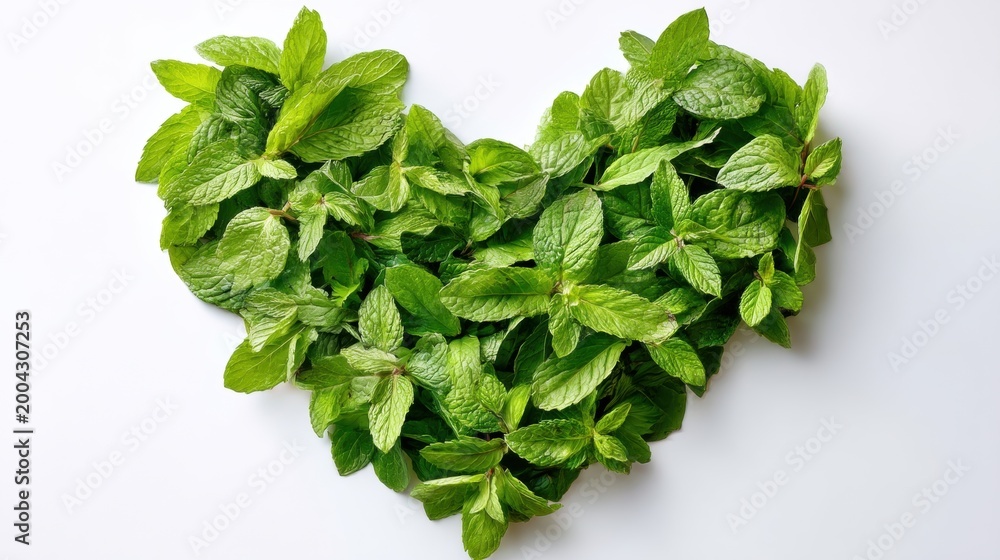 Fototapeta premium Fresh green mint leaves arranged in a heart shape on a white background. Organic aromatic herb for healthy cooking and culinary decoration. Symbol of love, freshness and nature lifestyle.