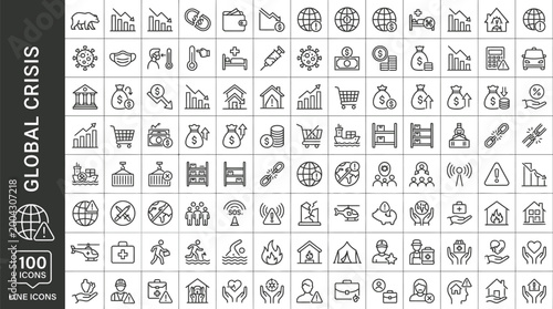 Global crisis icons set with 100 symbols depicting economic environmental and social issues on white background