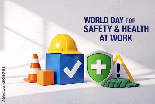 Hard hat with construction safety gear sits beside a shield and caution sign to promote the official international world day for safety and health at the workplace event.