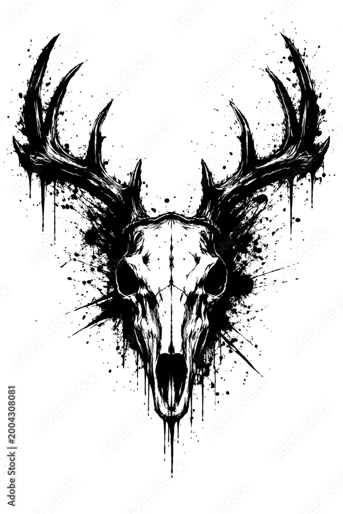 Obraz premium Deer skull with antlers abstract art black and white illustration for t-shirt design or tattoo