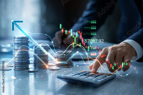 Investor touches a calculator to compute rising equity markets represented by neon digital projections that indicate potential profitability for future financial asset.