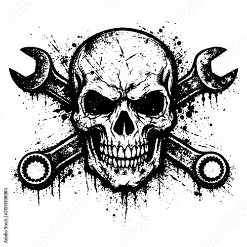 A grungy skull with crossed wrenches on a white background, symbolizing danger and mechanical rebellion in a distressed style