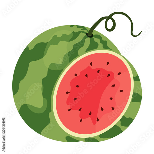 Whole green watermelon with curly stem and half fruit showing red pulp with black seeds isolated on white background.