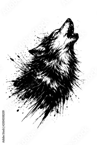 A black and white illustration of a wolf howling at the moon with a paint splatter effect around it on a white background