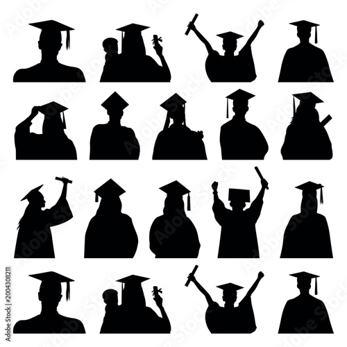 Graduation silhouette vector set, students in academic caps and gowns, university graduates holding diplomas, 20 black profile icons for commencement