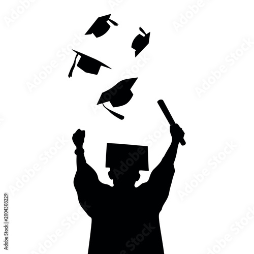 Graduation silhouette of student throwing caps in air, academic achievement celebration with mortarboards and diploma, university commencement vector