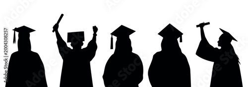Graduation silhouette of students in caps and gowns, group of graduates holding diplomas, university commencement ceremony vector illustration