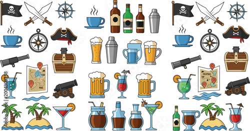 Pirate Party Icon Set with Treasure Chest Beer Mug Rum Bottle Map Cannon and Nautical Elements Vector Collection for Adventure Theme and Game Design