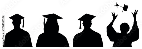 Graduation silhouette vector set, students wearing academic caps and gowns, university graduates throwing mortarboard in the air, black school alumni icons