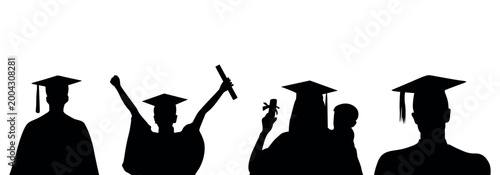 Graduation silhouettes of students in academic caps and gowns, university graduates holding diplomas, black vector silhouettes for commencement ceremony