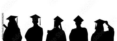Graduation silhouette of students in caps and gowns, group of graduates in academic dress, university commencement ceremony vector illustration