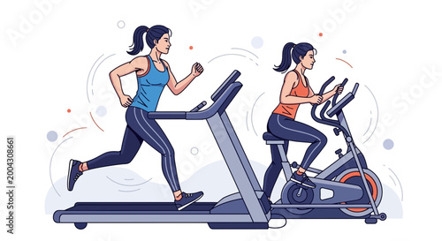 Cuadro en lienzo Women exercising on treadmill and stationary bike, healthy lifestyle, fitness cl