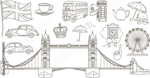 London Landmark Line Art Set with Tower Bridge Big Ben Bus Taxi and British Symbols Vector Collection for Travel Tourism and UK Culture Design