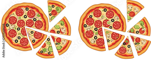 Pizza Slice Composition Set with Whole and Cut Italian Pizza Variations Vector Illustration for Food Menu Restaurant and Fast Food Design