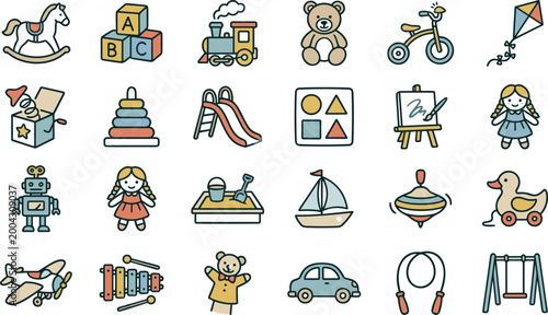 Large Vector Icon Set of Classic Children Toys and Playground Equipment Featuring Rocking Horse Teddy Bear Blocks Train Doll and Kindergarten Activities.