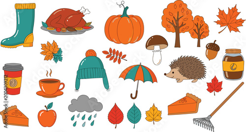 Autumn Season Icon Set with Pumpkin Leaves Hedgehog Rain Coffee and Fall Elements Vector Collection for Seasonal Design Thanksgiving and Cozy Weather Illustration