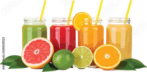 Fresh Citrus Juice Set with Grapefruit Lime Orange and Glass Jars Vector Illustration for Healthy Drinks Beverage Menu and Summer Refreshment Design