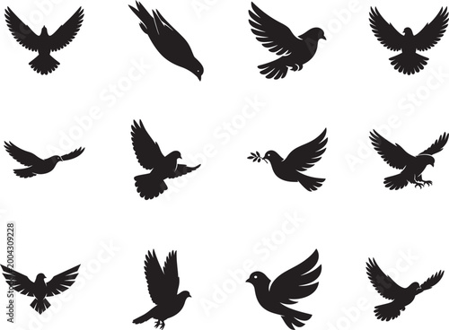 Black dove and pigeon silhouettes in flight, elegant bird shapes vector collection set.