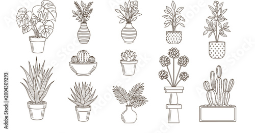 Potted Houseplants Line Art Set with Indoor Plants Cactus Succulents and Decorative Pots Vector Collection for Home Decor Botanical Design