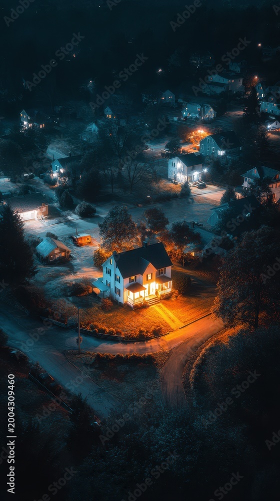 Fototapeta premium Stunning photo of single brightly lit house glowing in the middle of a pitch-black neighborhood during a power outage, dramatic aerial view at night.