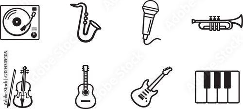 Music instrument line icon set with classical and modern symbols, clean editable vector design.