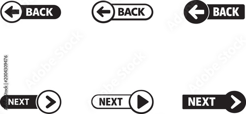 Next and back arrow buttons icon set for navigation control, clean UI symbols vector design..