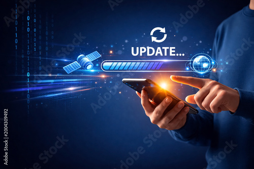 Smartphone held by a person displays a digital update progress bar with satellite connectivity icons to represent modern mobile software synchronization and cloud data.