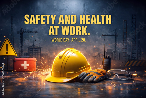Hard hat and protective gloves rest on a dark floor in an industrial zone with construction equipment visible under soft glowing sparks to signify a safe working environment.