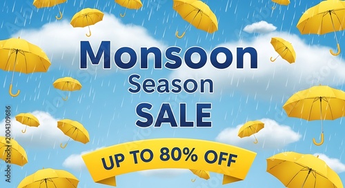 Monsoon Season Sale Advertisement with Yellow Umbrellas