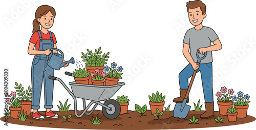 Young Couple Gardening Together with Woman Watering Plants and Man Digging Soil with Shovel and Wheelbarrow for Nature and Lifestyle Design Projects