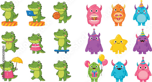 Cute Cartoon Monster and Crocodile Character Set with Funny Kids Mascots Colorful Vector Collection for Children Illustration Game Design and Animation