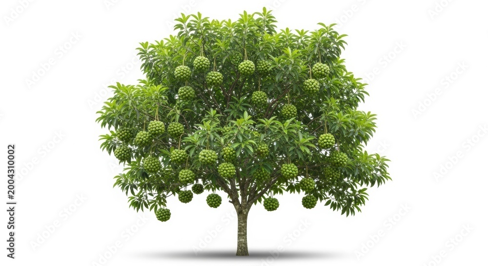 Fototapeta premium Pomelo tree with ripe green citrus fruits, tropical fruit tree isolated on white background, lush pomelo citrus plant for agricultural design