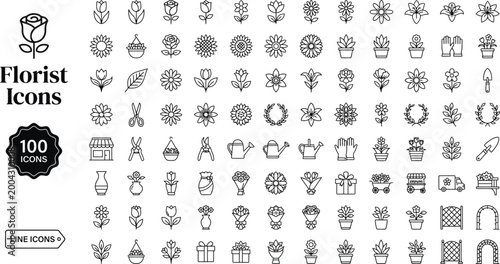 Florist icons set for design 100 minimalist monoline symbols