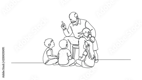 Continuous one line drawing of a grandfather telling stories to children.