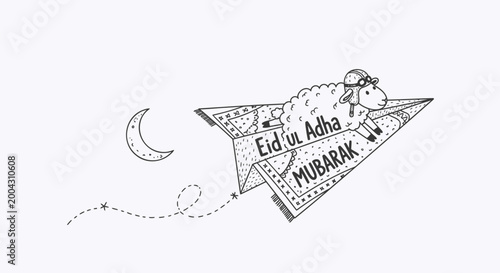 Eid al-Adha Mubarak, Islamic holiday sheep kite, crescent moon vector illustration, Ramadan celebration icon
