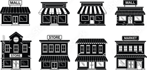 Retail Storefront Icon Set with Shop Mall Market Buildings Black Silhouette Vector Collection for Business Commerce and Urban Street Design