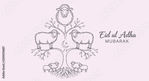 Eid ul Adha Mubarak, Islamic greeting card, sheep tree design, Ramadan celebration