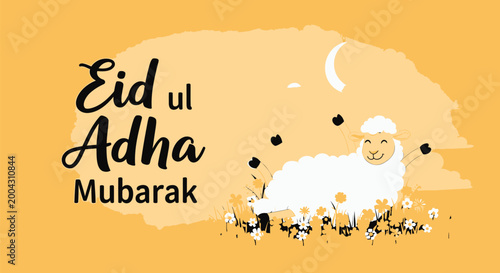 Eid ul Adha Mubarak, Islamic Holiday Greeting, Sheep Illustration, Muslim Celebration Vector