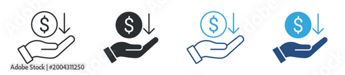 Cost savings icon set. hand holding dollar with downward arrow. financial reduction and budget management concept. vector illustration.