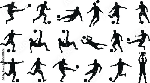 Football Player Silhouette Set with Kicking, Jumping, Sliding, Diving, and Trophy Poses for Soccer Sport and Game Design Projects