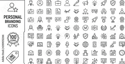 Minimalist monoline personal branding icons set for social media and marketing