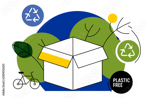 Open cardboard box with green trees, leaves, recycling symbol, plastic free icon, and bike. Eco-friendly fulfillment concept vector illustration for design