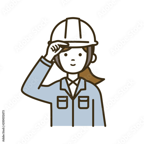 作業服とブラウスでヘルメットを被り直す女性技術者のイラスト｜安全確認・身だしなみ・プロ