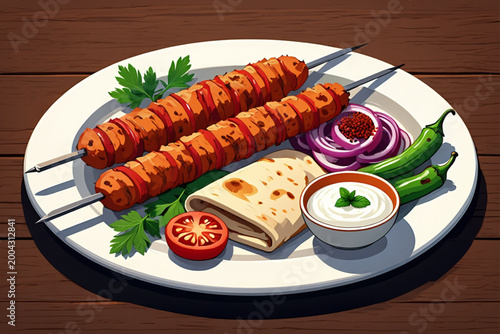 Turkish Adana Kebab Dish – Grilled Lamb Skewers with Lavash, Yogurt and Vegetables Vector