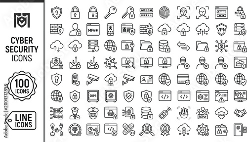 Cyber security icons set with 100 monoline style symbols for protection and safety online